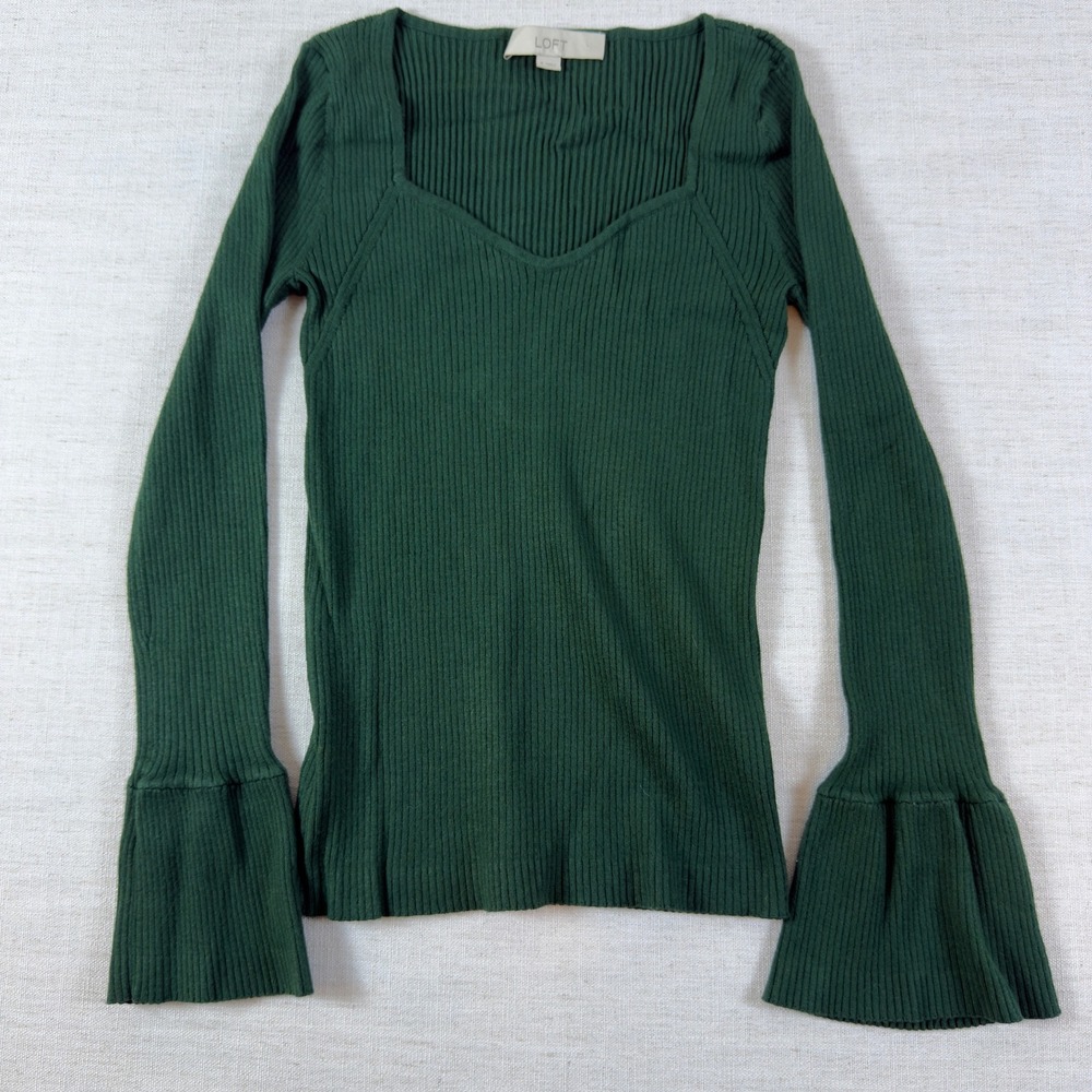 LOFT Green Ribbed Sweetheart Neck Bell Sleeve Sweater Small